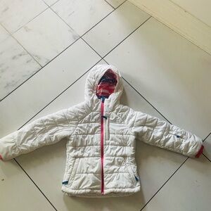 White Hooded Puffer Jacket with Pink Accents